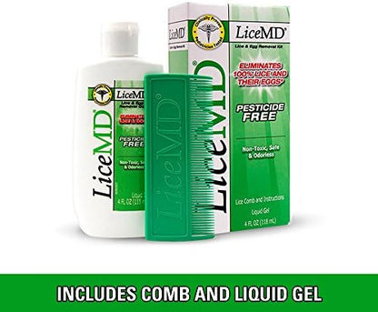 LiceMD non-toxic liquid gel bottle and specialized lice removal comb set.