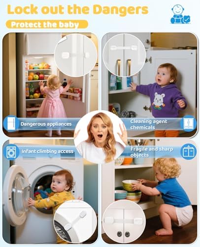 Sixteen piece set of white child safety locks with packaging highlights for home proofing