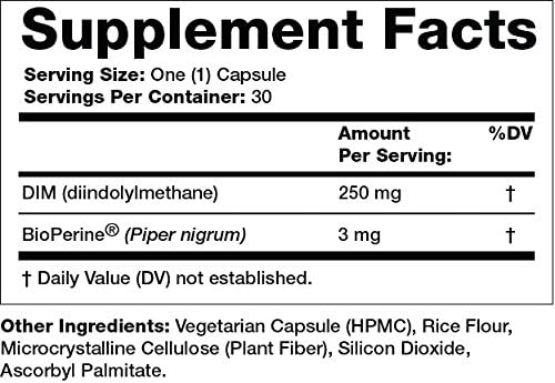 Olympian Labs Diindolylmethane 250mg vegetarian capsules supplement facts label view.