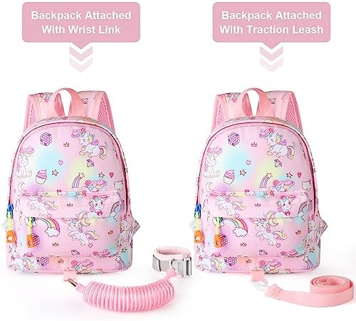 Child wearing Accmor unicorn backpack with leash attached