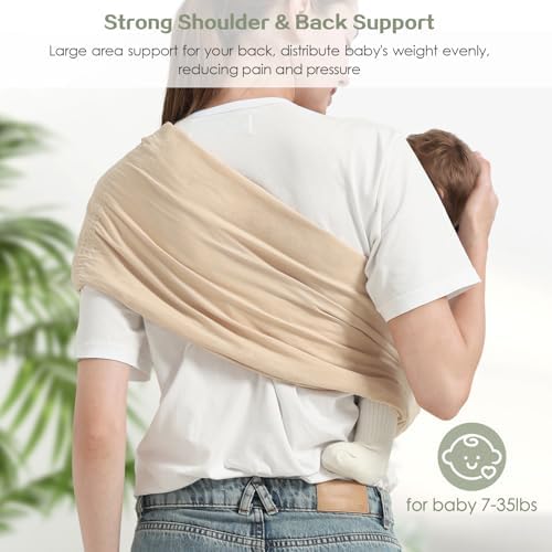 Shiaon premium cream wrap carrier safely holding a toddler