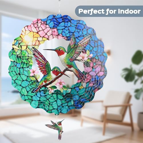 Hummingbird Wind Spinner for Easter Day Gift,Laser-Cut 12 Inch Stainless Steel Outdoor Garden Spring Decor, 3D Kinetic Window Hanging Sculpture Yard Art for Patio Women, Mom & Dad - Image 4