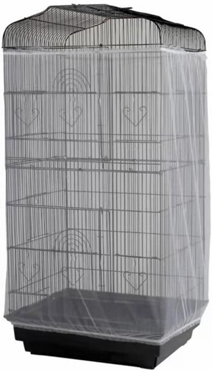 Machine washable nylon mesh guard for parakeet cages being folded for storage.
