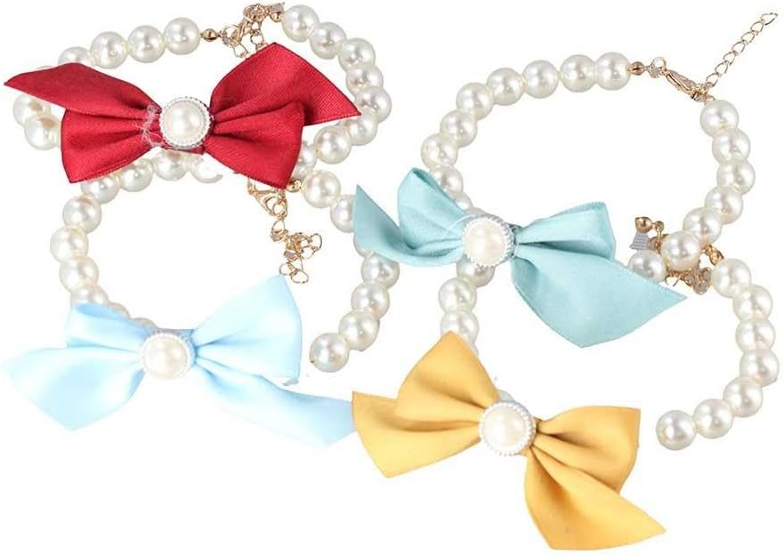 JJLFresheners small size red bow pearl collar for female dogs and kitten dress up styling.