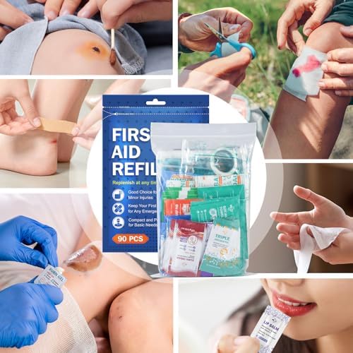Detailed view of sterile bandages and antiseptic wipes in the refill set.