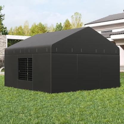 Full outdoor setup of the Petony large dog cage anchored securely on a grass surface with the protective cover attached.