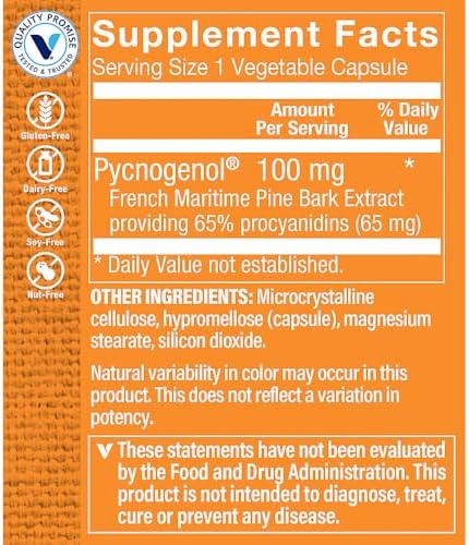 The Vitamin Shoppe Pycnogenol 100mg dietary supplement label showing French maritime pine bark ingredients