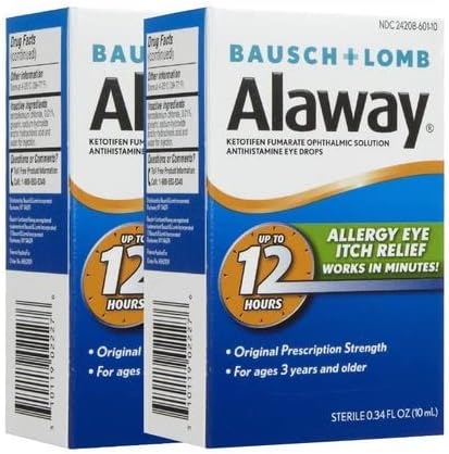 Bausch and Lomb Alaway Antihistamine Eye Itch Relief Drops twin pack front view showing packaging for fast acting allergy relief.
