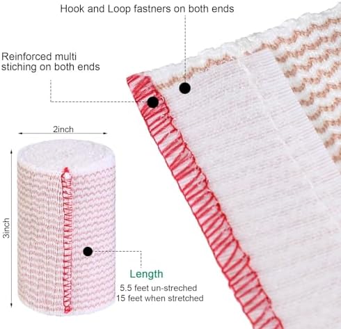 Red trim elastic bandage with dual hook and loop self closure ends