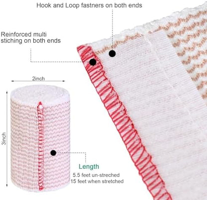Red trim elastic bandage with dual hook and loop self closure ends