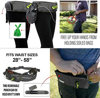 Poop bag dispenser and waste pouch on Taksin belt