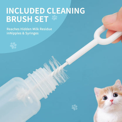 Sadnyy pet feeding kit components neatly arranged displaying bottles, brushes, syringes, and silicone teats.