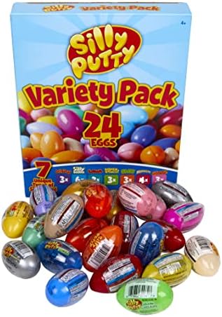 Assorted Crayola sensory putty eggs opened to reveal metallic and glowing compounds