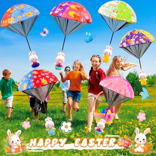 CPSYUB easter basket stuffers pack showing kids throwing tangle free parachutes outdoors.