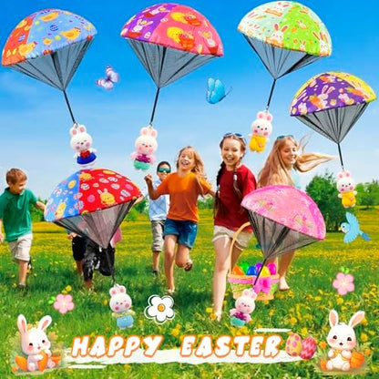 CPSYUB easter basket stuffers pack showing kids throwing tangle free parachutes outdoors.