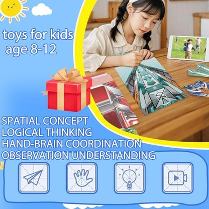 Child scanning a QR code to access step-by-step paper airplane video tutorials