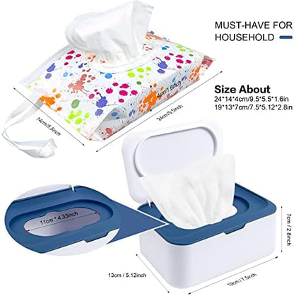 Two rigid plastic baby wipe dispensers with blue and grey lids