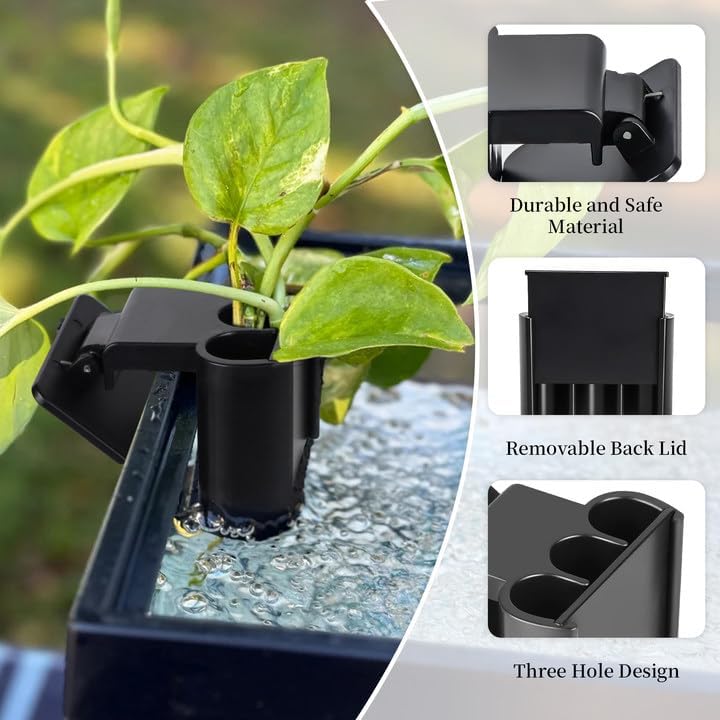 Black three slot hydroponic fish tank holder displaying the secure rim attachment clip.