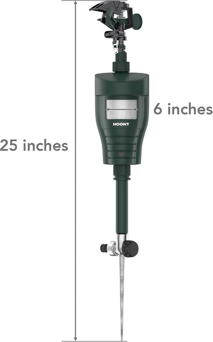 Hoont Cobra motion activated sprinkler metal ground stake and green housing close up