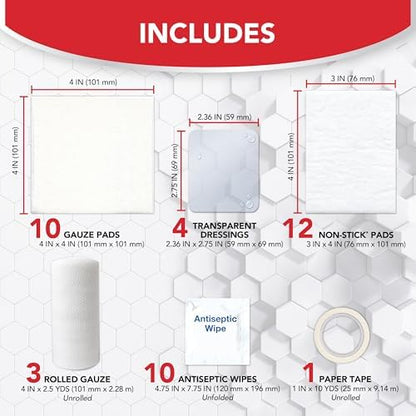 Sterile gauze pads and antiseptic wipes included in the All Health kit