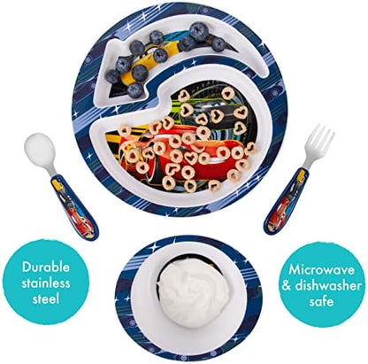 Toddler eating from The First Years Disney Cars divided plate