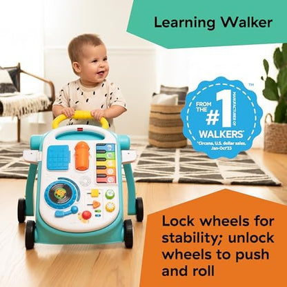 Side profile of the Baby Einstein push behind learning walker showcasing the stable wheels and handle grips.