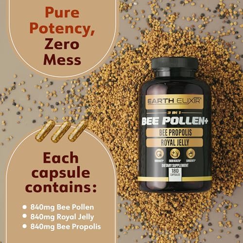 Earth Elixir Bee Pollen supplement bottle showing capsule count and key features