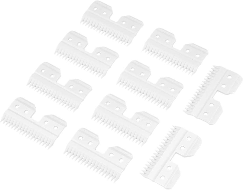 Side profile of the eighteen teeth ceramic moving blade demonstrating its precise thickness.