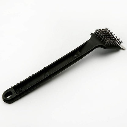 Foiburely wire brush head and scraper attachment close up view showing dimensions and construction details.