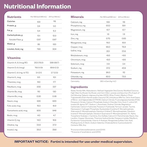 Fortini high calorie baby formula nutritional values and ingredient list on the side panel
