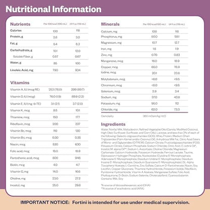 Fortini high calorie baby formula nutritional values and ingredient list on the side panel