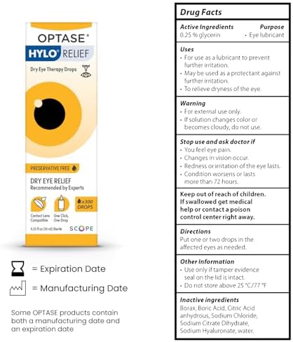 Optase Hylo Relief 300 doses preservative free eye drops packaging.