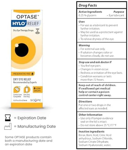 Optase Hylo Relief 300 doses preservative free eye drops packaging.