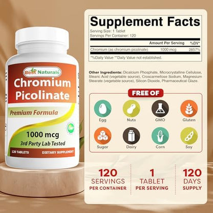 Best Naturals Chromium Picolinate full packaging contents showing two hundred and forty total tablets