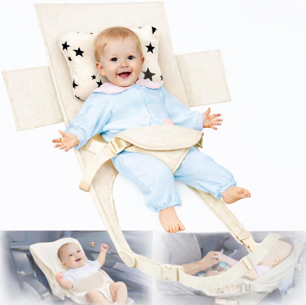 EkoVibe Nfant Airplane Seat Extender front view showing the soft off white cushioned surface and infant neck pillow.