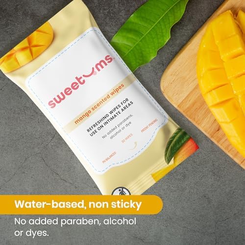 Individually wrapped Sweetums mango intimate wipes for travel-friendly hygiene.