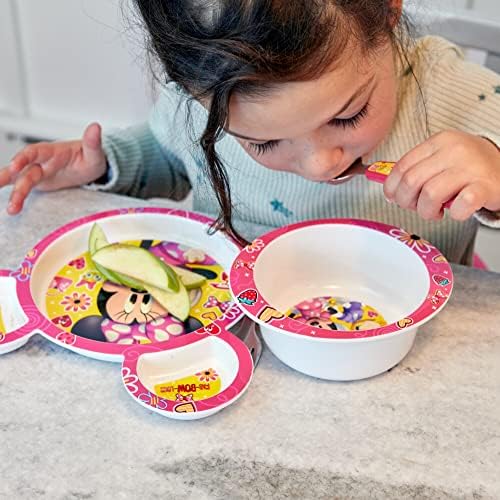 Top view of Minnie Mouse shaped toddler plate and feeding bowl