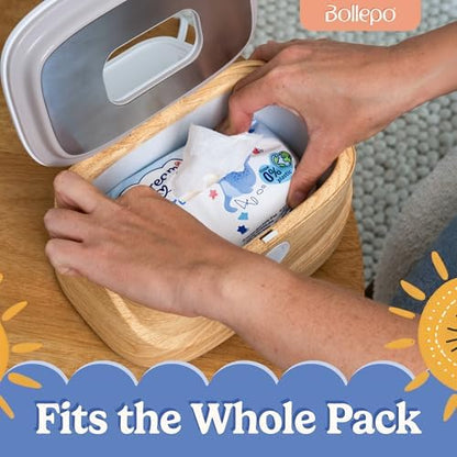 Top view of Bollepo wipe warmer with lid open showing internal storage capacity