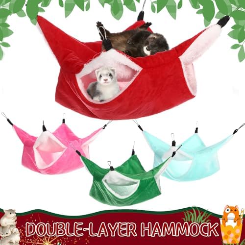 Rose red and turquoise guinea pig sleeping pouches showing size dimensions.