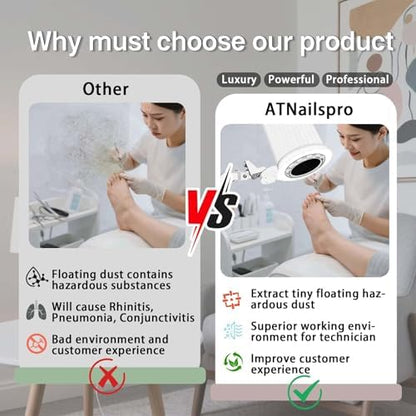 Side profile of professional manicure table dust collector with LED light