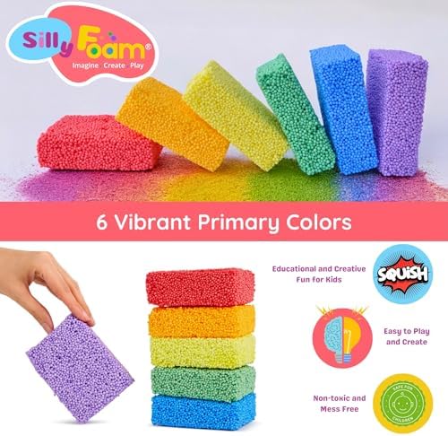 Six vibrant blocks of non-toxic modeling foam beads showing the pliable texture for fine motor skills development.