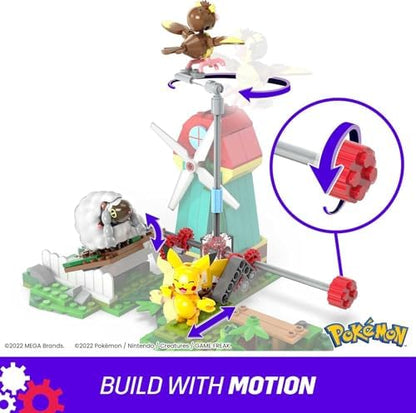 Close-up view of the hand-cranked Motion Brick mechanism on the MEGA PokÃ©mon interactive construction playset.