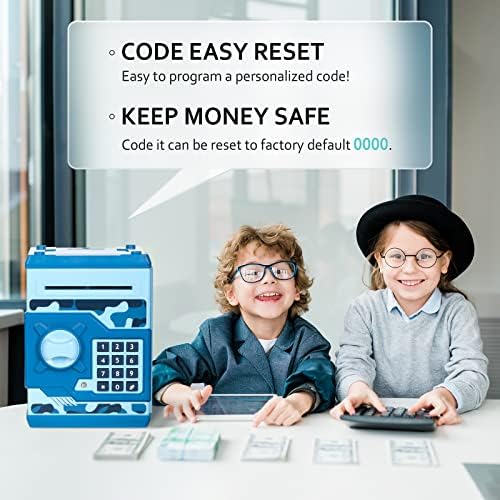 Side view of the Vcertcpl electronic money saving box displaying the rugged camouflage blue pattern and sturdy ABS plastic construction.