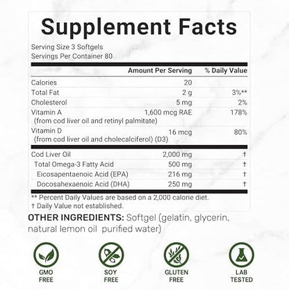 Side label of Deal Supplement Norwegian cod liver oil softgels displaying extra strength nutrient details.
