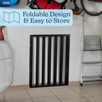 Petmaker three panel wooden safety barrier blocking access to an indoor staircase.
