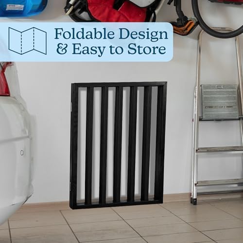 Petmaker three panel wooden safety barrier blocking access to an indoor staircase.
