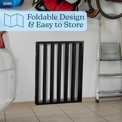 Petmaker three panel wooden safety barrier blocking access to an indoor staircase.