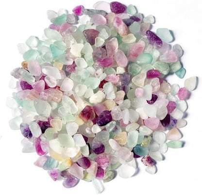 Close up of natural multicolor fluorite crystal chips