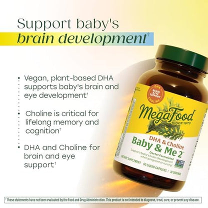 Supplement facts label on the back of MegaFood Baby and Me 2 prenatal vegan capsules bottle.