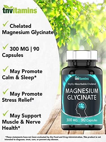 Supplement facts label on the back of the TNVitamins magnesium glycinate bottle detailing the 300mg elemental mineral dosage.